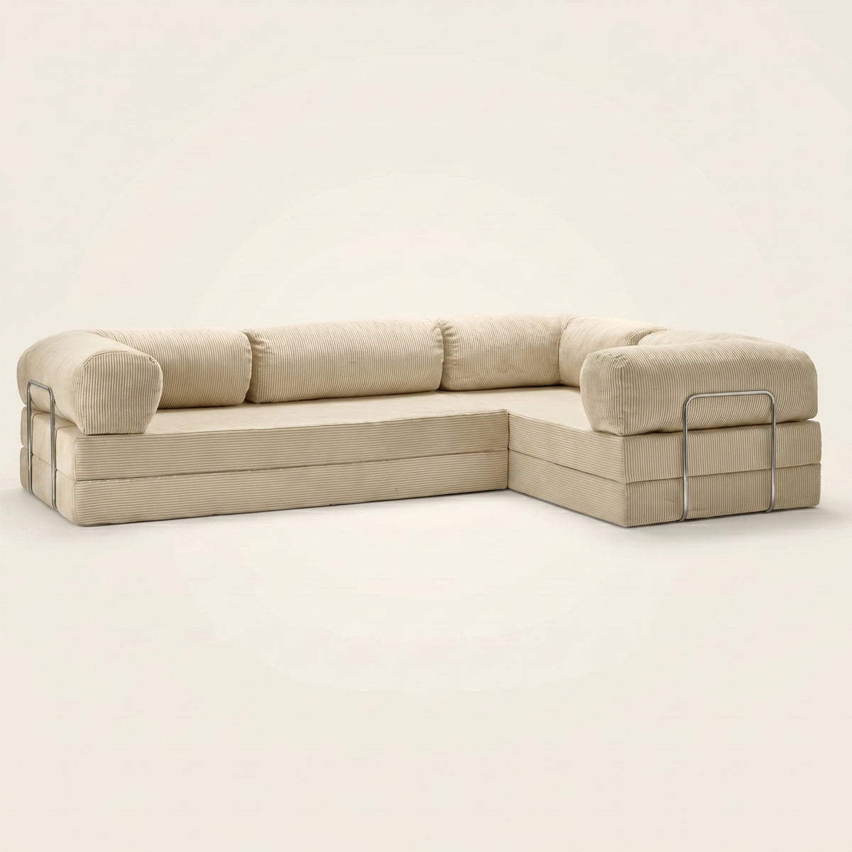 Canapé d'angle convertible Lové, angle fermé, en velours côtelé, coloris Crème