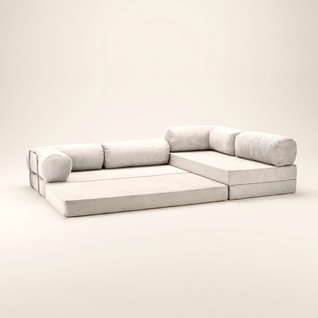 Canapé d'angle convertible Lové, angle ouvert, en velours côtelé, coloris Crème